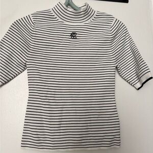 Striped Mock Neck Short Sleeve Top - Black/White